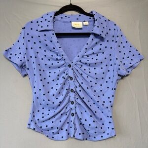 Maeve by Anthropology Polka Dot Button Cropped Top Size Large Blue Ruched Preppy